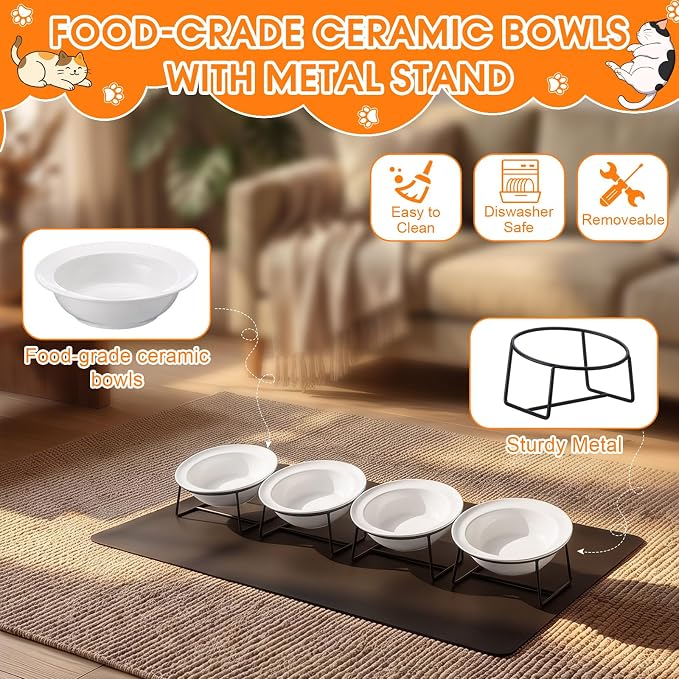 4 Set Elevated Ceramics Cat Food Water Bowls | 15°Tilted Anti Vomiting Raised Dishes,with Food Silicone Mat ,Whiskers Friendly Cat Bowls ,for Multiple Cats and Puppy - Image 6