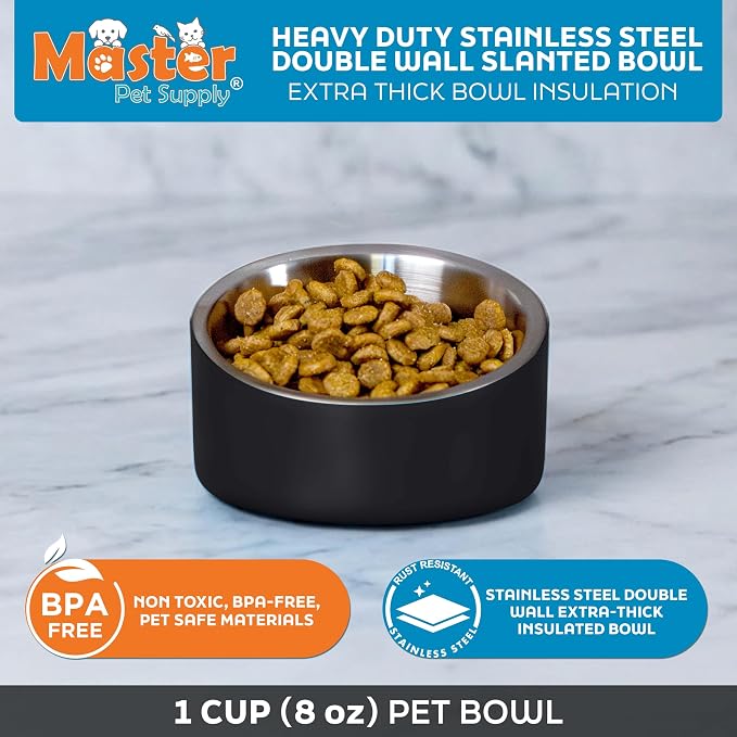 Master Pet Supply Stainless Steel Slanted Dog Cat Food Bowl 8 oz Black | Heavy Duty Double Wall Insulated Non-Slip Elevated Bowl for French Bulldogs Pugs Cats Anti Rust Dishwasher Safe, Black Velvet - Image 3
