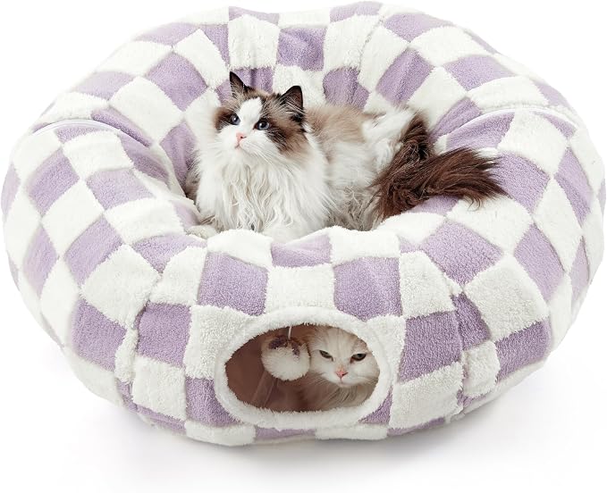 Lesure Donut Cute Jacquard Cat Tunnel Bed Kitten Toys for Puppy Bunny | 33.5x33.5x10in,Round Cat Bed Tube for Indoor Cats Rabbit Dog,Pet Peekaboo Cave Toy,Spiral Hideaway,Washable Cushion,Lavender by Lesure