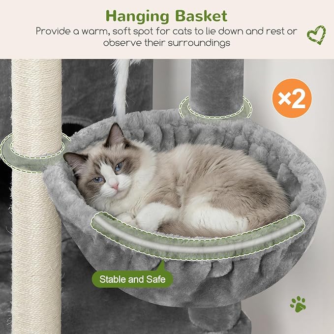 Globlazer Cat Tree Tower for Indoor Cats, Sturdy Adult Cat Tree House for Large Adult Cats with 2 Platform, 6 Cat Scratching Post, 2 Cat Caves, Dangling Toys, S63, 63 inch, Light Grey - Image 4