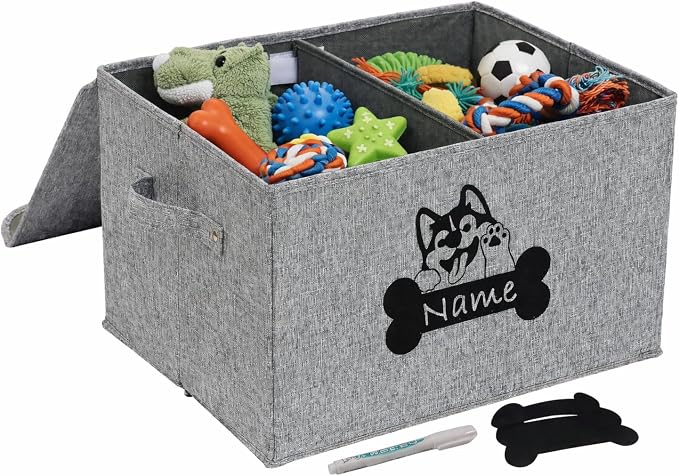 Large Dog Toy Bin-Pet Toys Storage Box-Fabric Storage Bin with Lid-Collapsible Dog Toy Organizer,Dog Toy Basket -Chew Proof Dog Bin-Can be Personalized-Gray by Brabtod