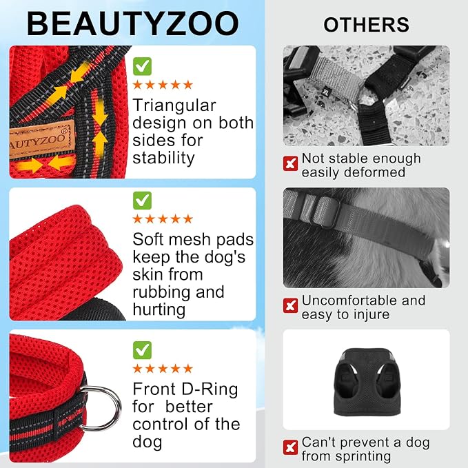 BEAUTYZOO Dog Harness Medium Sized and Leash Set, No Pull Step in Pet Vest | Breathable Mesh with Handle, Reflective, Adjustable No Choke Escape Proof, Lightweight, Easy Control for Walking, Red&Black M - Image 3