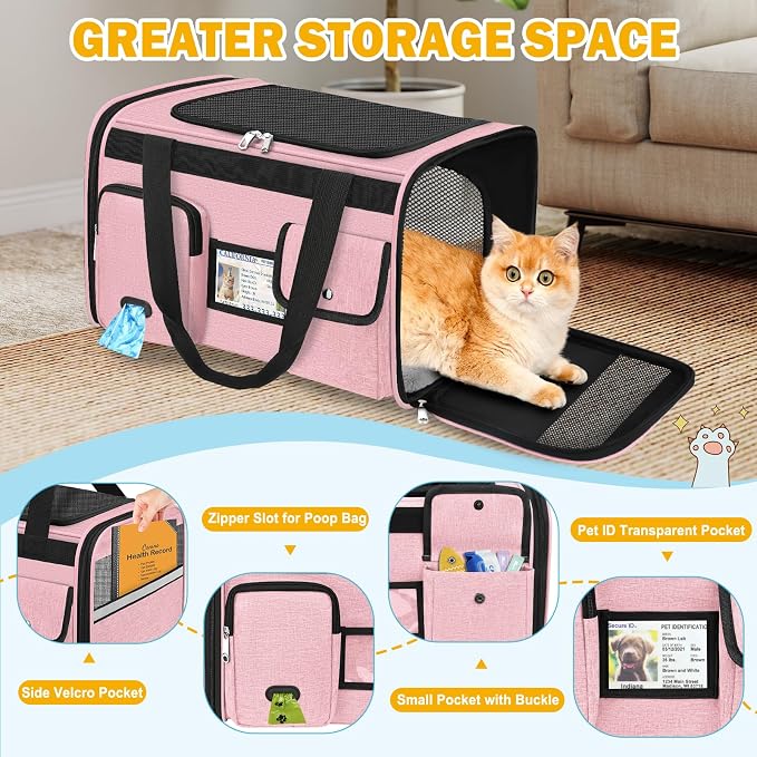 HUANLANG Large Cat Carrier Soft Sided Travel Pet Carrier Airline Approved | Dog Carriers for Small Dogs Medium Cats,Collapsible,3 Storage,zipper lock,Reflective strips,Luggage Strap, Up to 15 L,Pinkbs - Image 2