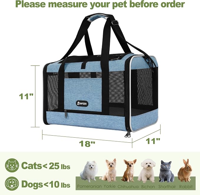 GAPZER Cat Carrier 18 x 11 x 11 Top Loading Soft Pet Travel Bag Over 15lbs | Portable Small Dog Puppy Car Travel Crate 10 lbs, Chihuahua Kennel Carry Case, Kitty Cloth Cage Medium Cat Under 25 lbs Blue - Image 2