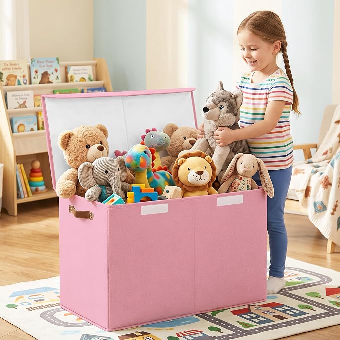 Bagnizer Large Toy Storage Box with Lids, Collapsible Sturdy Baby Storage Organizer Chest Bin Basket for Kids, Boys, Girls, Playroom, Nursery, Bedroom, Closet 25"x13"x16" (Pink) - Image 2