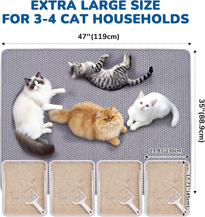Cat Litter Mat 47" x 35" XL, Washable Urine-Proof Non-Slip Gray | Machine Washable, Upgraded Felt & Fabric Material Litter Mat for Fewer Creases, Hold 3-4 Litter Boxes, Soft on Paws - Image 3