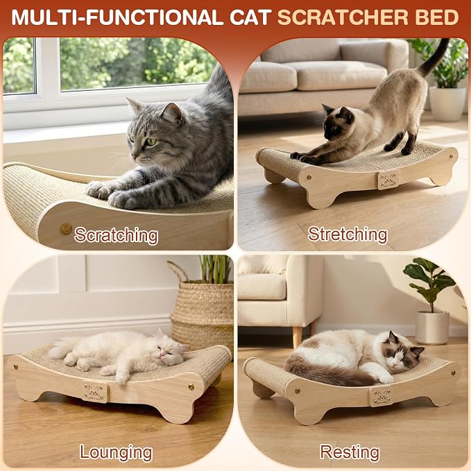 NOCOEX Sisal Cat Scratcher Bed: Wood Scratch Board Hammock for Indoor Cats | Natural Solid Wood Curved Frame Lounger Sleep Scratching Pad Post Large Cats 45 lbs, Easy Assembly Modern Furniture Protector - Image 4