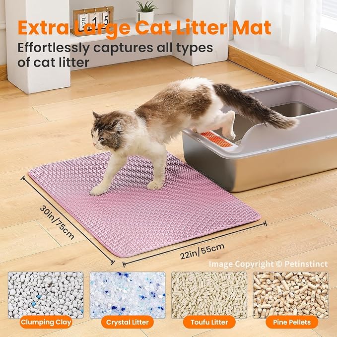 Extra Large Cat Litter Mat, Double Layer Honeycomb Design, Pink | 30x22”, Reduces Litter Tracking, Easy to Clean, Waterproof, Non-Slip, Soft on Paws, Scratch Resistant, Pink, XL - Image 2