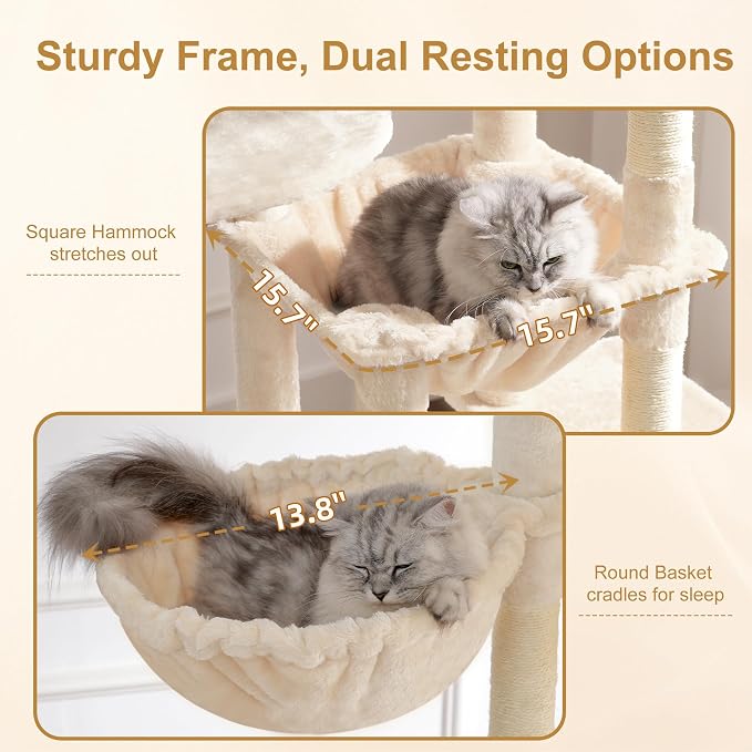 Heybly Cat Tree, 76-Inch Tall Heavy Duty Cat Tower for Big Cats HCT039M | Multi-Level Large Cat Furniture with Extra Wide Baseboard, 2 Condos & 2 Hammocks, 10 Scratching Posts, Beige - Image 5