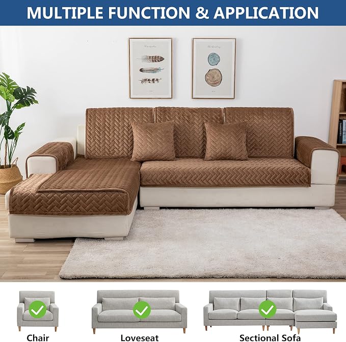 Eismodra Couch Cover,Sectional Couch Covers,Sofa Covers for 3 Cushion Couch,Anti-Slip Sofa Slipcovers for Dogs Cats Kids Loveseat Recliner L Shaped Armrest Backrest,Brown 43''x82''(Only 1 Piece) - Image 2