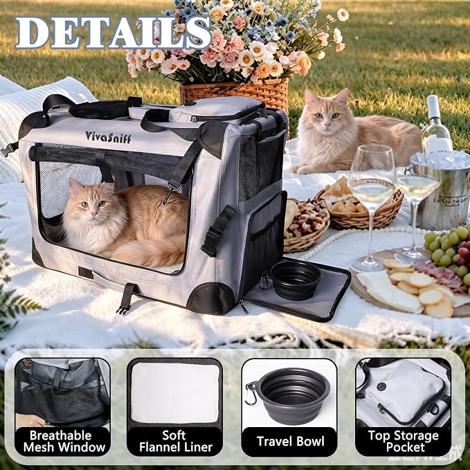 Large Cat Carrier, Foldable Car Travel Dog Crate-Small Dogs | 24" Fits 2 Cats or 1 Small Dog, up to 55 lbs, Soft mat, zipper lock prevents escapes, Foldable Car Travel Pet Crate - Image 3