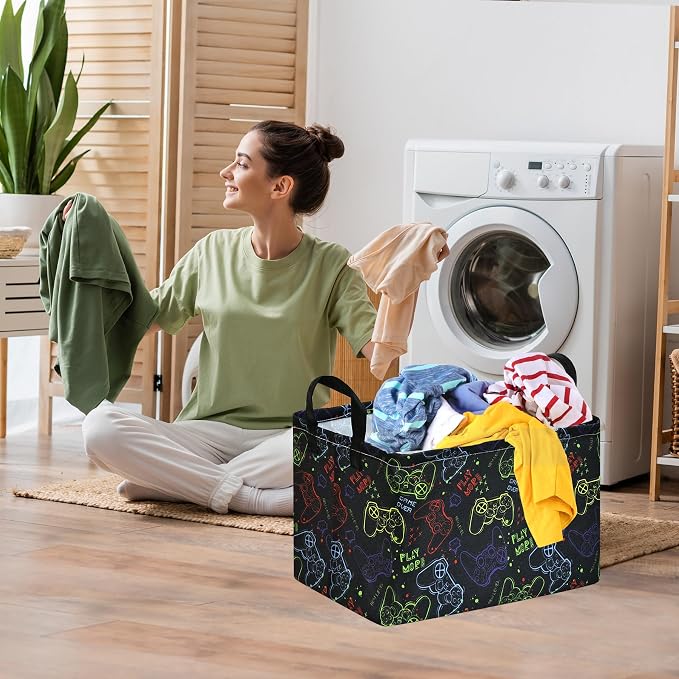 MAIZMZ Game Controller Storage Bin, Waterproof Linen Laundry Basket with Handles for Game Room Bed, Gifts,Toys - Image 4