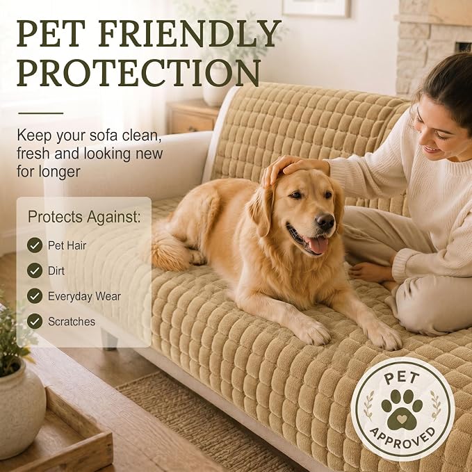 Smiry Velvet Couch Cover for Dogs, Non Slip Soft Sofa Protector for Pets | Washable Sofa Cover for Cats, Cozy Furniture Protector Against Pet Hair, Scratches, Fits Sectional Sofa(Camel, 36"x82.7") - Image 6
