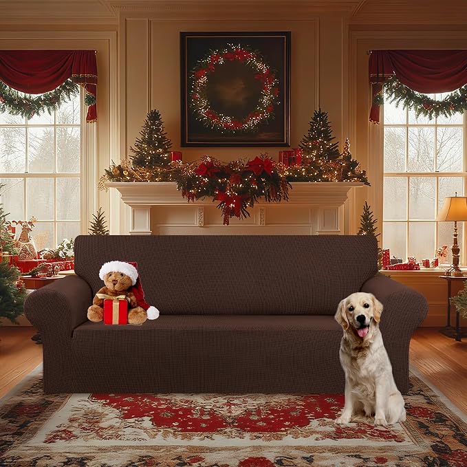 KEKUOU Stretch Oversized Couch Covers for Sofa Slipcover,Chocolate | 1-Piece Washable Sofa Cover (94"-110") 4-Seater Furniture Protector, Soft Jacquard Non-Slip Elastic Bottom for Dogs & Kids - Image 2
