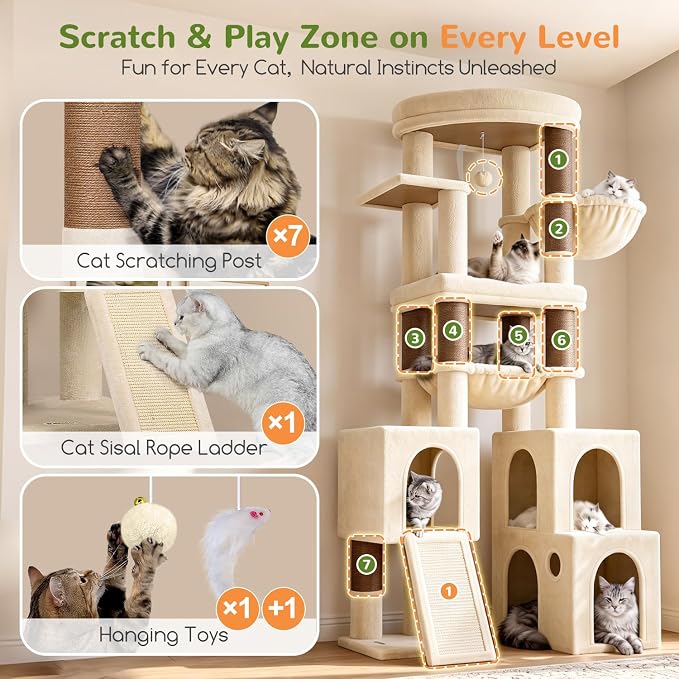 Globlazer Tall Cat Tower for Indoor Adult Cats, 72-inch, S72G, Beige | Heavy Duty Cat Tree House for Big Cats with 2 Extra-Large Padded Platform, 7 Sisal Scratching Posts, 3 Large Condos - Image 5