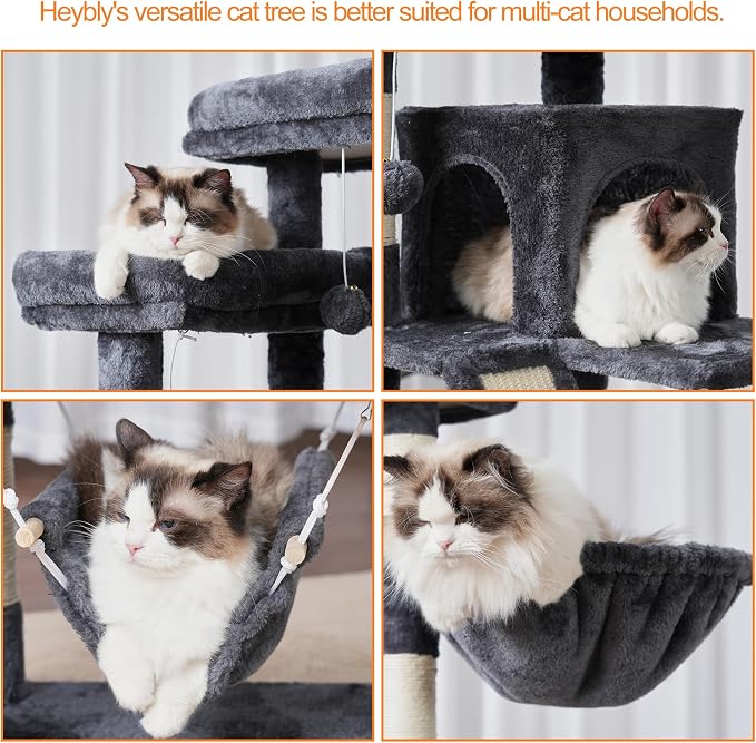 Heybly Cat Tree, 71-Inch-Tall Tower for Indoor Cats with 2 Perches HCT034G | Large Cat Furniture with 2 Big Condos, 2 Hammocks, Basket, Scratching Pad, Multi-Level Cat Condo, Smoky Gray - Image 7