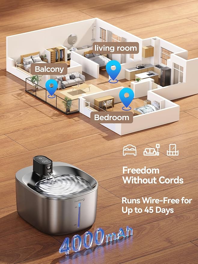 FEELNEEDY Wireless Cat Water Fountain Stainless Steel with Sensor, 4000mAh Battery Operated, 4L/135fl oz Pet Water Fountain for Cats Dogs, Ultra Quiet Cat Drinking Fountain with 2 Filters (YPD-C004S) - Image 2