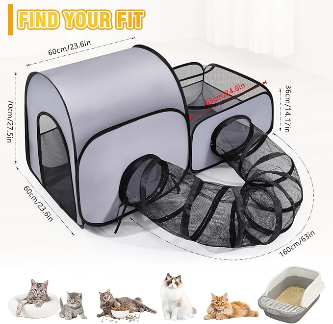 Tailtastic Indoor/Outdoor Cat Playpen with Surround Tunnel 2 Zones Grey | escape-proof enclosed enslosure,lightweight foldable for travel, ideal for indoor cats, multi-cat homes & birthing - Image 4