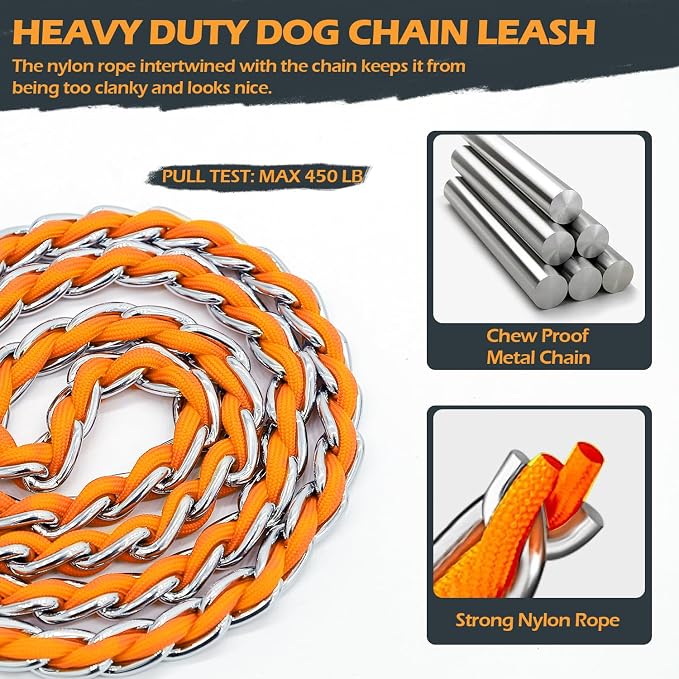 S-ETOVUS-Chain Dog Leash, Bite-Proof Metal Leash, with Padded Handle Orange | Three Sizes 7.25FT/5.2FT/4FT, Woven From Nylon Rope And Chain, Durable And Bite-Resistant, Comfortable With Padded Handles - Image 4