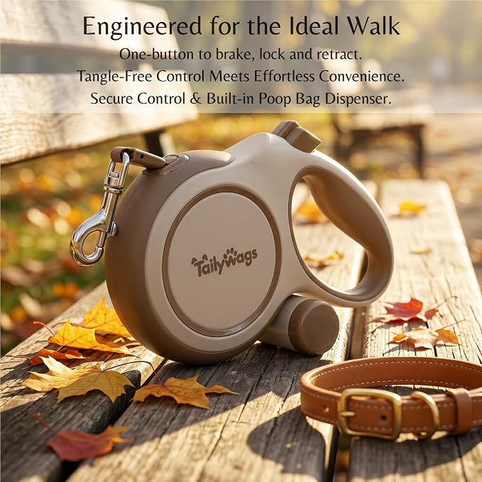 26ft Retractable Dog Leash for Large Dogs up to 110 lbs, Khaki | Automatic 8M 360°Tangle-free Durable Nylon Rope for Dogs up to 50KG,Detachable Waste Bag Dispenser, One-hand Brake & Lock - Image 6