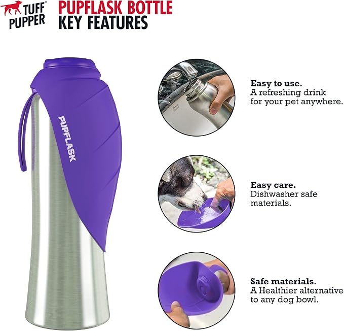 PupFlask Large Dog Water Bottle, Portable Stainless Steel Travel Bowl | 27 or 40 oz Leak-Proof Drink Dispenser with Built-In Cup and Carry Strap for Walking, Hiking and Travel; For All Dog Breeds - Image 2
