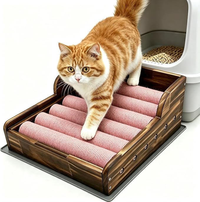 Cat Litter Box Step with Sisal Scratching Post Litter Catcher Mat (Pink) | Multi-Purpose Wood Anti-Tracking Cat Scratcher Bed Litter Box Ramp, Fits Standard Cat Litter Boxes by Unknown