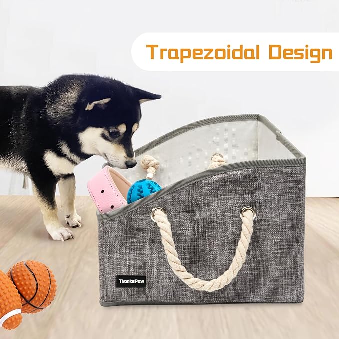 Dog Toy Basket, Storage Bin, Collapsible Box for Pet Accessories | Fabric Container With Handle, Trapezoid Holder for Small Medium dogs, Organizer for Living Room, Gray - Image 4