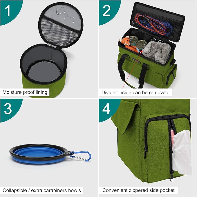 Modoker Weekend Dog Travel Bag Set with 2 Food Bags, 2 Bowls and Mat,Green | Dog Travel Accessories Organizer for Camping and Road Trips with Roomy Storage, Multiple Pockets and Water-Resistant Oxford - Image 4