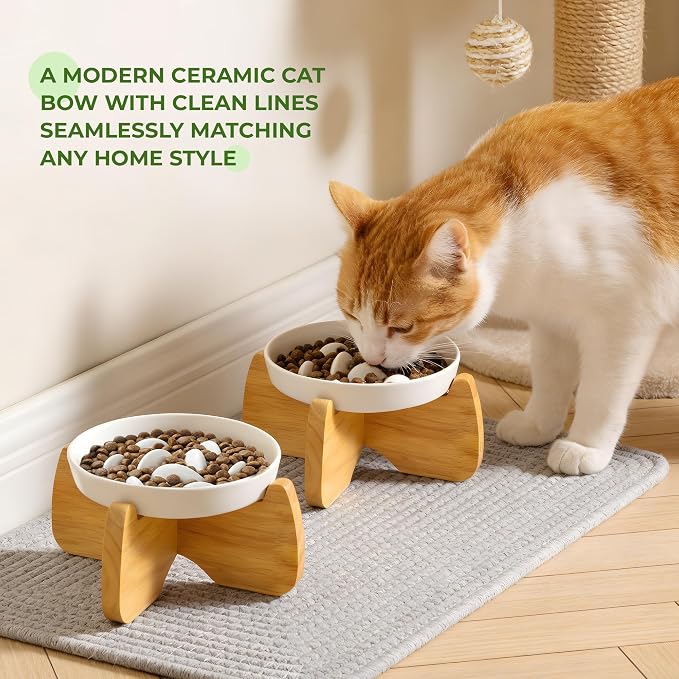 Raised Slow Feeder Cat Bowl with Stand, 6.3'' Wide Ceramic Elevated Shallow Slow Eating Cat Bowl for Dry/Wet Food, Anti-Vomiting Pet Puzzle Feeder, Whisker Friendly, Dishwasher Safe (2 Pack) | Anti-Gulping & Keep Fit, Dishwasher Safe, For Dry and Wet F... - Image 7