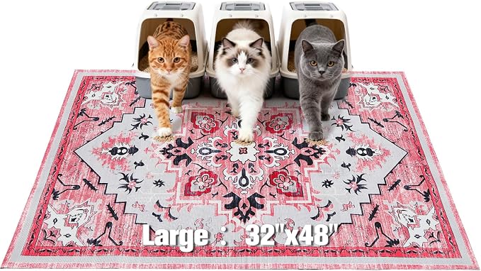 Cat Litter Mat, 32”x48” XL Non-Slip Urine Waterproof Litter Trapping Mat Easy to Clean Washable Litter Box Mat for Floor Soft on Kitty Paws, Indoor Food Mats Rug Pads for Bathroom Pink by EXPAWLORER