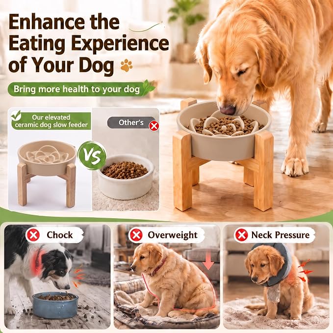Elevated Ceramic Slow Feeder Dog Bowls Anti-Choking Slow Feeding for Medium& Large Anti-Slip Non-Lead & Toxic Durable Easy to Clean Maze Slow Feeder Bowl（8.66in Khaki Flower Pattern） - Image 4