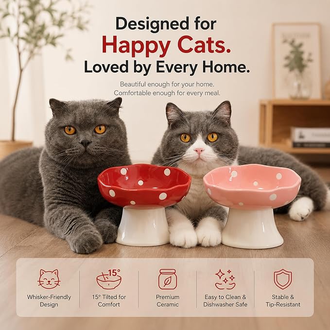 Pink Mushroom Cat Bowl, Elevated Ceramic Feeding Bowl | Elevated, Ceramic, Tilted Design, Whisker-Friendly, Dishwasher Safe, cute - Image 7