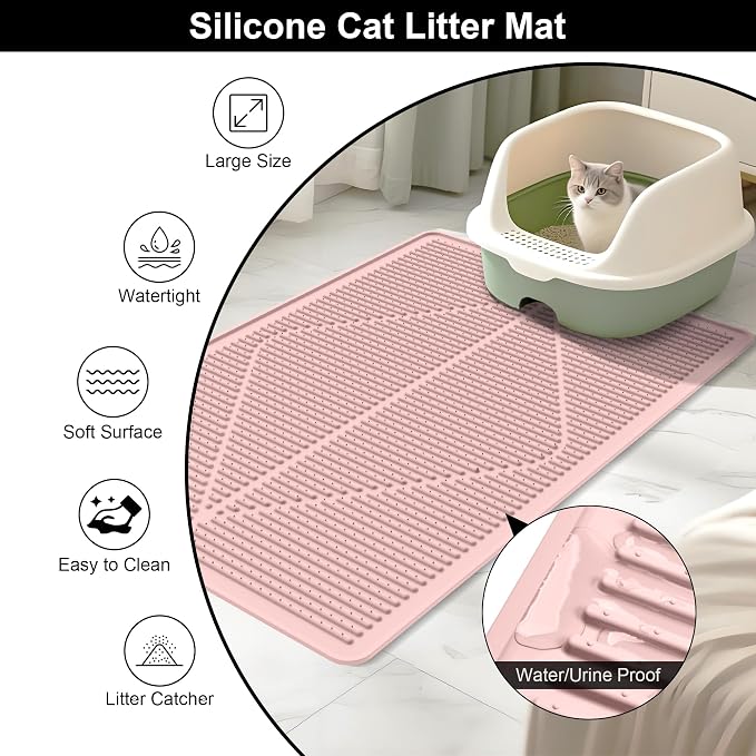 Mofason Silicone Cat Litter Mat XXL - Pink Extra Large Cat Litter Box mat | Waterproof & washable 38"x25" kitty cat litter mat for floor, extra large litter trapping; cat litter catcher mat easy clean - Image 4