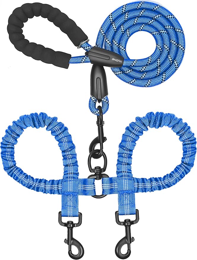 Double Dog Leash, 360° Swivel, No Tangle, Large, Royal Blue | Dual Leash for Two Dogs, Split Leash, Shock-Absorbing Bungee, Padded Handle, Heavy-Duty Rope by iYoShop