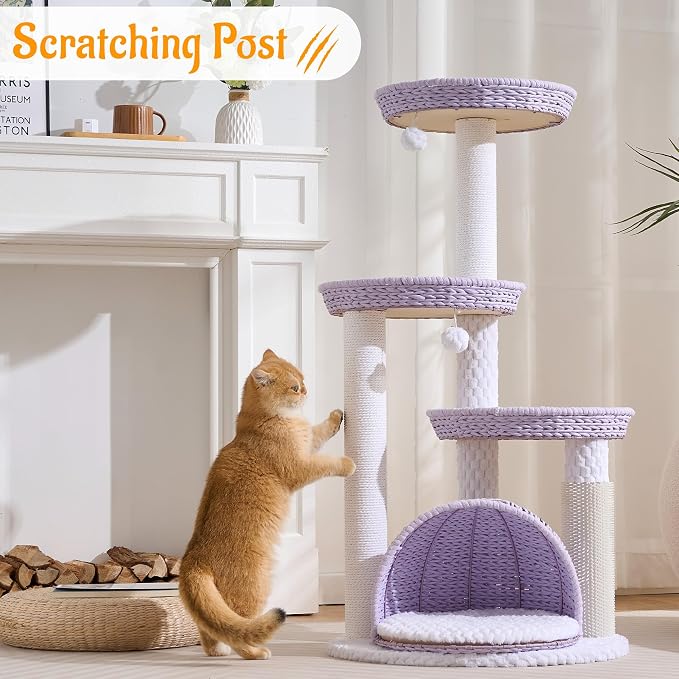 Modern Cat Tree Tower with Scratching Post, 46 Inches Tall Cat Towers with Woven Cat Nests and Cave, Multi-Level Cat Tree With Removable Cushions and Massage Brush for Indoor Cats Large Adult. - Image 7