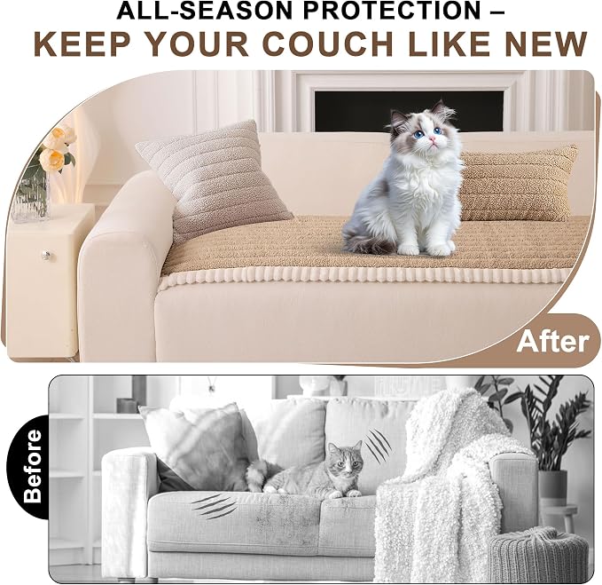 OTOB Sofa Covers for 3 Cushion Couch Washable, All Seasons Fuzzy Non Slip Kids & Pet Friendly Dog Bed Mats Couch Cover, Soft Plush Sofa Slipcovers Furniture Protector (Khaki, 27.6" x 70.9'') - Image 2