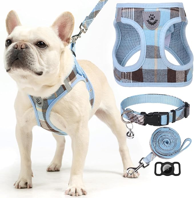 Classic Plaid Puppy Harness - Small Dog Harness and Leash Set - Dog Collar and Leash Set with AirTag Holder, Soft Padded Step in Dog Vest Harness No Pull Reflective for Outdoor, Blue XXS - Image 8
