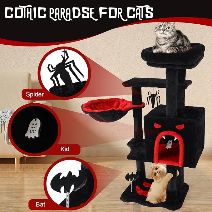 Cat Tree Tower with Hammock,40"Cat Trees for Indoor Cats Large Adult(Black) | Modern Cat Tree Tower with Scratching Post, Cats Condo Furniture with Cloud Top Perch, Cats Climbing Tower for Kittens - Image 3
