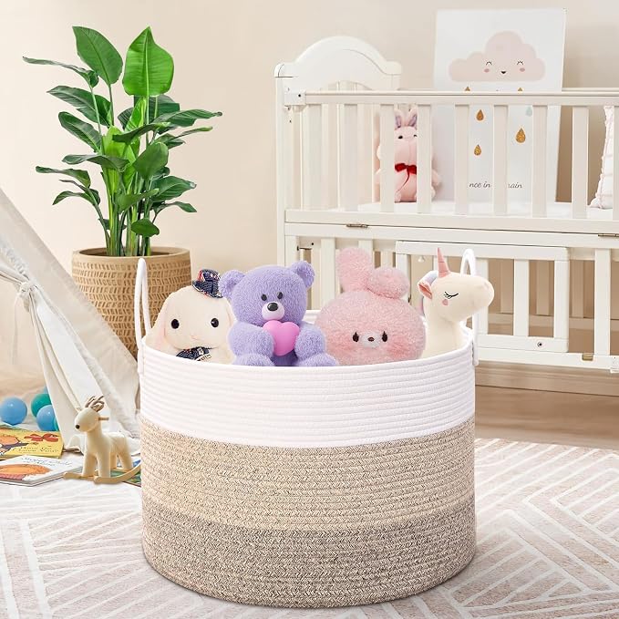 67L Large Woven Blanket Basket, Cotton Rope Baby Laundry Hamper with Handles, Kids Toy Basket for Classroom & Nursery, Soft Round Stuffed Animal Storage, Dog Toy Bin - 20"x13", Jute - Image 7