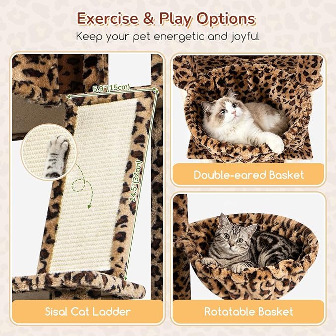 Globlazer 80in Extra Large Leopard Cat Tree Tower S80G, Leopard Print | Multi-Level Cat Condo For Multiple Indoor Cats Large Adult Kittens, Scratching Posts, Widened Perches, Adjustable Baskets - Image 4