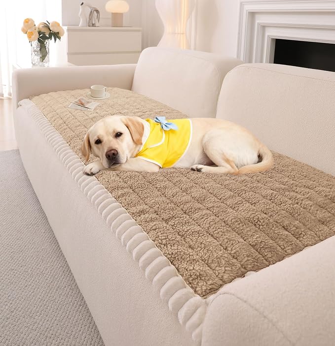 OTOB Sofa Covers for 3 Cushion Couch Washable, All Seasons Fuzzy Non Slip Kids & Pet Friendly Dog Bed Mats Couch Cover, Soft Plush Sofa Slipcovers Furniture Protector (Khaki, 27.6" x 70.9'') by OTOB