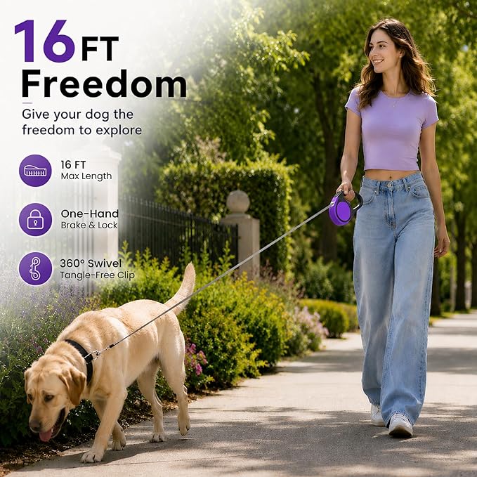 Heavy Duty Retractable Dog Leash-16ft Strong & Durable Walking Leash for S to L Dogs up to 45/115 lbs, Upgraded Lock System, Non Slip Grip, Tangle Free (Purple, Medium-Large Sized) - Image 3