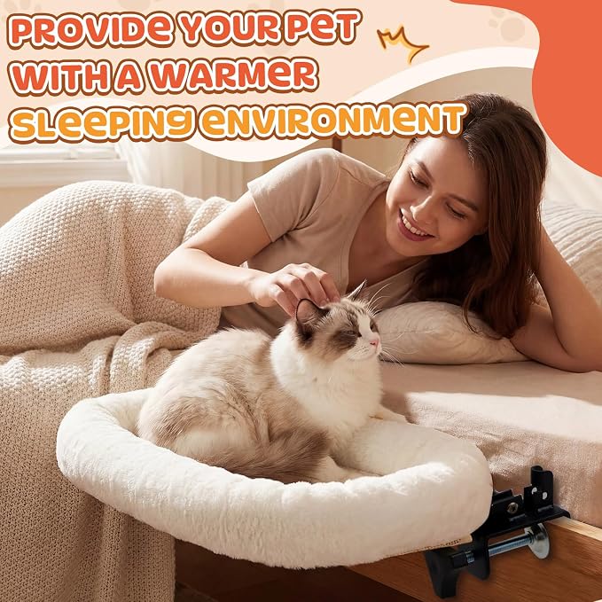 Lewtemi Bedside Pet Bed, Hanging Cat Hammock Attached to Bed or Desk, Adjustable Lounge with Heavy Duty Metal Frame, Soft Plush Guardrail, Stable Supports up to 44 Lbs for Large Cats(Cream) - Image 6