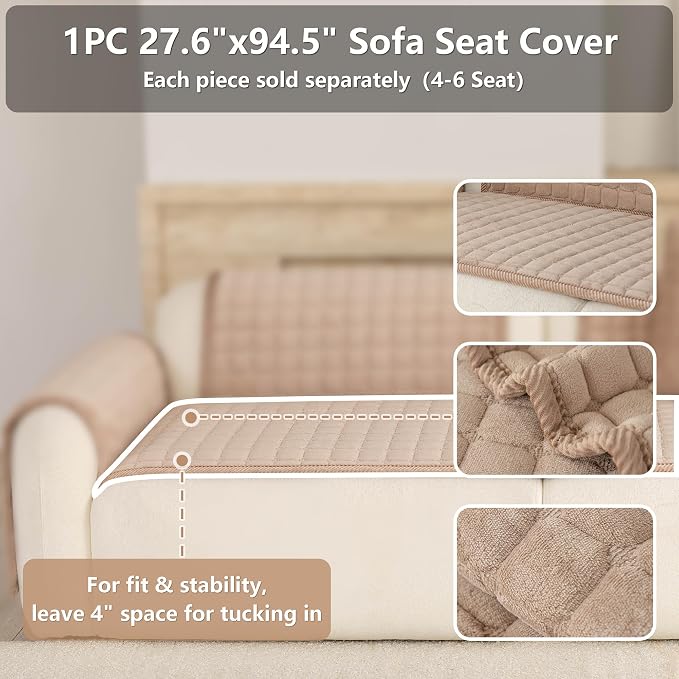 Velvet Washable Couch Cover for Dog,L Shape Sofa Cover for Pets. | 27.6"x90",Khaki,Sectional Couch Cover,Soft Velvet,Non-Slip,Furniture Protector,quilted - Image 2
