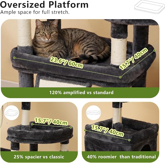 Heybly Cat Tree 72.4-Inch Anti-Tip Cat Tower with Spacious Perches HCT060G | All-in-One Cat Furniture for Large Cats, Multiple Interactive Areas, Extra-Large Sisal Scratching Board, Smoky Gray - Image 3