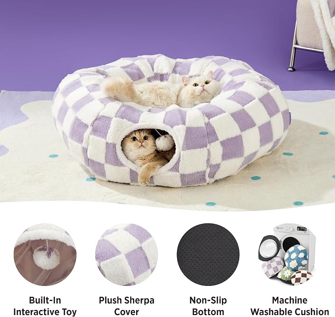 Lesure Donut Cute Jacquard Cat Tunnel Bed Kitten Toys for Puppy Bunny | 33.5x33.5x10in,Round Cat Bed Tube for Indoor Cats Rabbit Dog,Pet Peekaboo Cave Toy,Spiral Hideaway,Washable Cushion,Lavender - Image 3