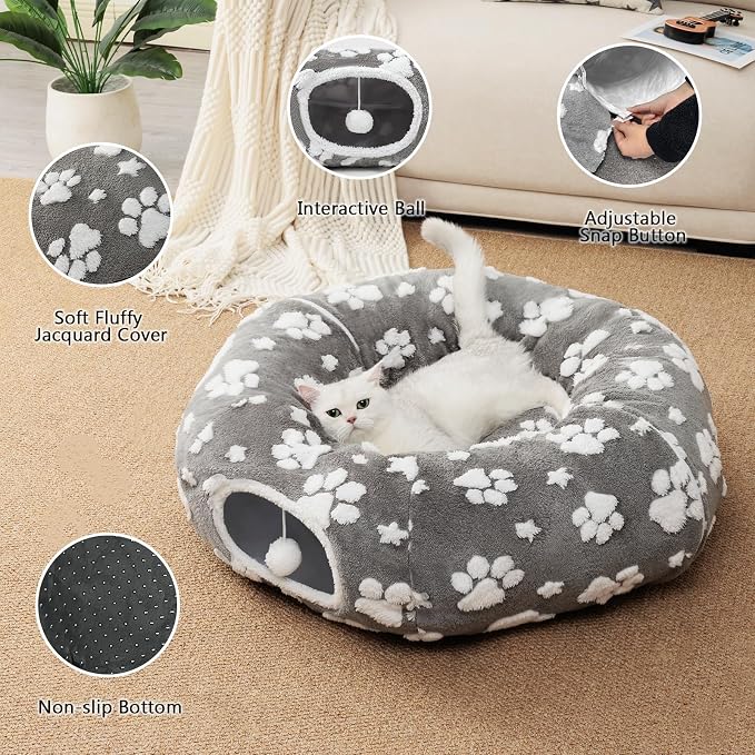 Cute Round Cat Tunnel for Indoor Cats, Grey | Peekaboo Cave with Dangling Balls, Pet Donut Tunnel Bed with Circle Mat for Puppy Kitten Rabbit - Image 3