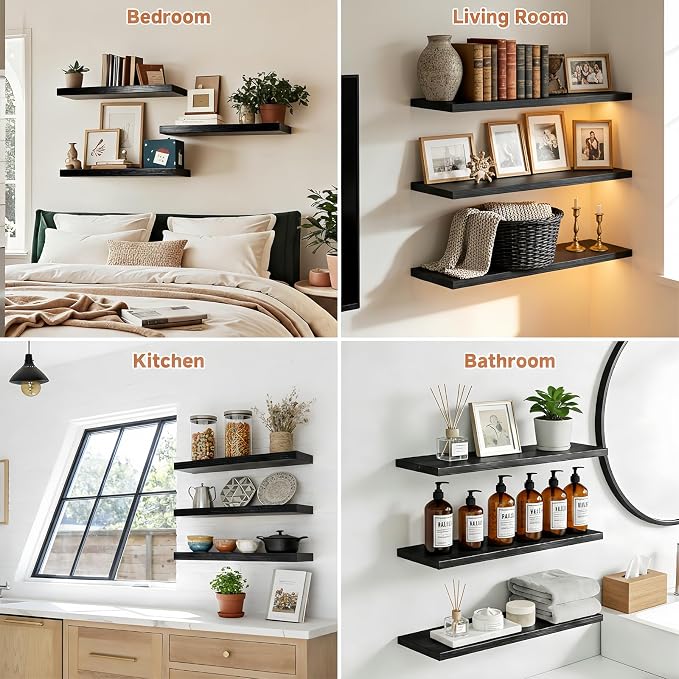 Easy Install Floating Shelves, Wall Mounted Wood Shelf,15.7 Inch | Hanging Shelf for Home Decor, Books and Storage, Small Organizer for Bedroom, Bathroom, Kitchen,Easy Floating Shelves ,Black - Image 6