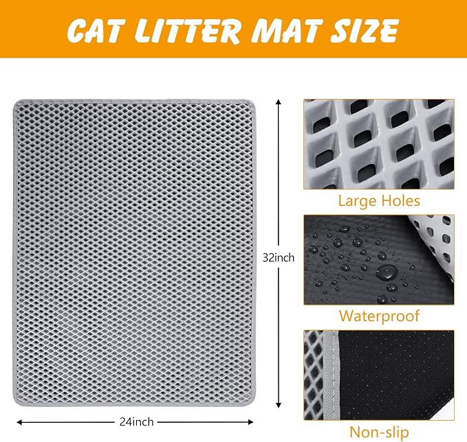 Double Layer Cat Litter Mat, Waterproof Non-Slip, 30 x 24 Inch | Honeycomb litter trapping, EVA soft on paws, urine-resistant bottom, easy shake or rinse clean - Image 3
