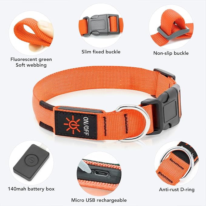 Light Up Dog Collar, Rechargeable USB Collar, Waterproof, Luminous LED Collar, Adjustable, Super Bright, Night Walking for Small Medium Large Dogs, Orange, M - Image 2
